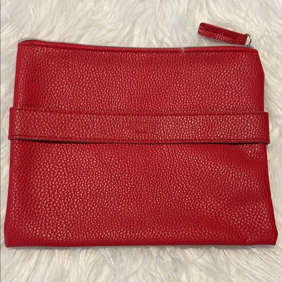 Lancel Paris Red Pebbled Leather Clutch Pouch Zip Top Designer Evening Bag - Picture 2 of 10